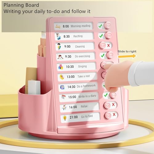 Parssufy Multifuntional 360 Degree Rotating Pen Holder for Desk Pencil Organizer|Student Self Discipline Board with 7 Compartments an Random Stickers,13 Sheets Chore Chart (Pink) - Image 2