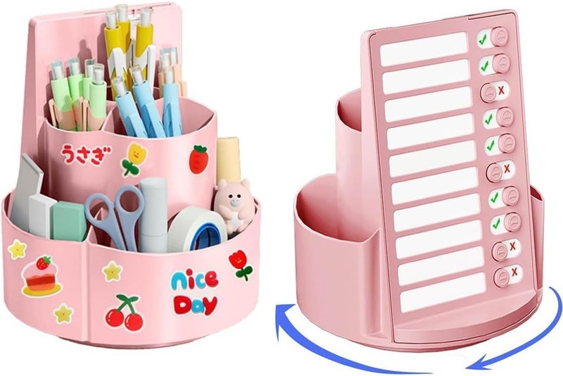 Parssufy Multifuntional 360 Degree Rotating Pen Holder for Desk Pencil Organizer|Student Self Discipline Board with 7 Compartments an Random Stickers,13 Sheets Chore Chart (Pink) - Image 1