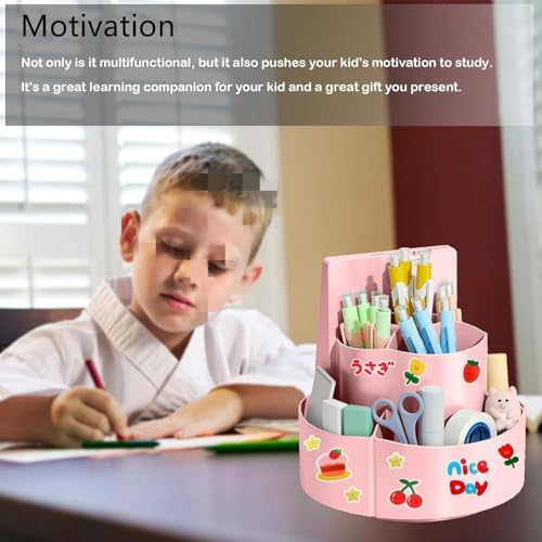 Parssufy Multifuntional 360 Degree Rotating Pen Holder for Desk Pencil Organizer|Student Self Discipline Board with 7 Compartments an Random Stickers,13 Sheets Chore Chart (Pink) - Image 5