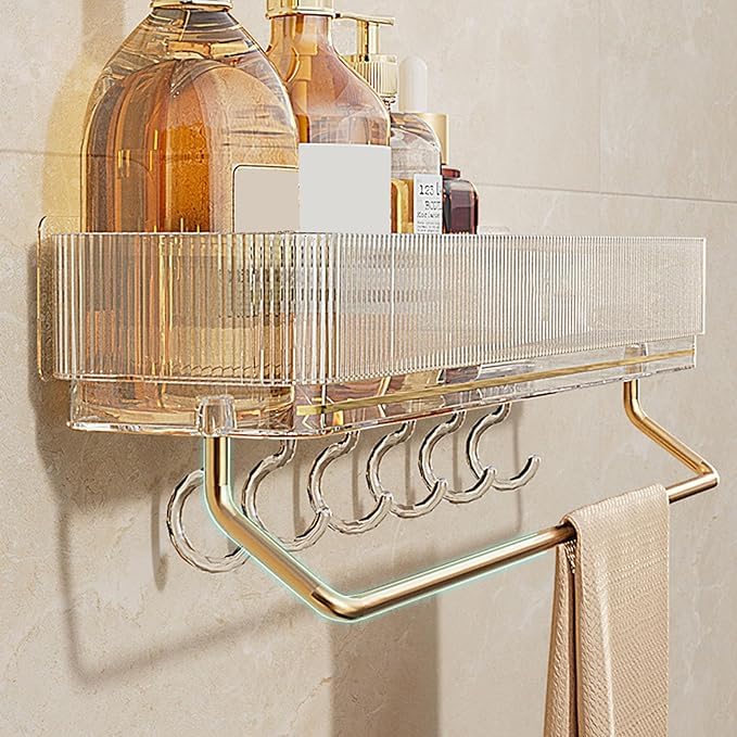 Deoxys Bathroom Storage Rack Light Luxury Style no Punching Wall Type 11CM Storage Area with 6 Hooks Towel Aluminum Rod Super LoadBearing Green - Image 4