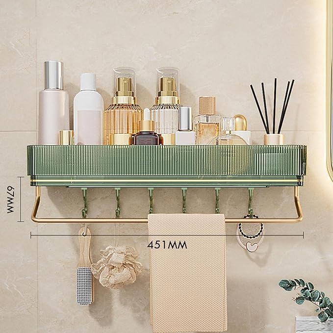 Deoxys Bathroom Storage Rack Light Luxury Style no Punching Wall Type 11CM Storage Area with 6 Hooks Towel Aluminum Rod Super LoadBearing Green - Image 2