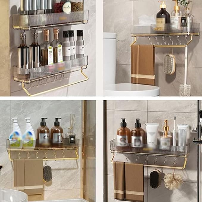 Deoxys Bathroom Storage Rack Light Luxury Style no Punching Wall Type 11CM Storage Area with 6 Hooks Towel Aluminum Rod Super LoadBearing Green - Image 5