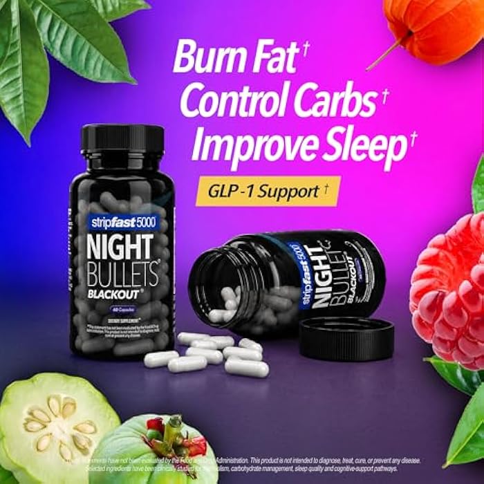 stripfast5000 Night Bullets Weight Loss Pills for Women & Men, Stim-Free Nighttime Fat Burner, GLP-1 Support, Appetite Suppressant, Diet Pills with Ashwagandha & CLA, 60 Capsules - Image 2