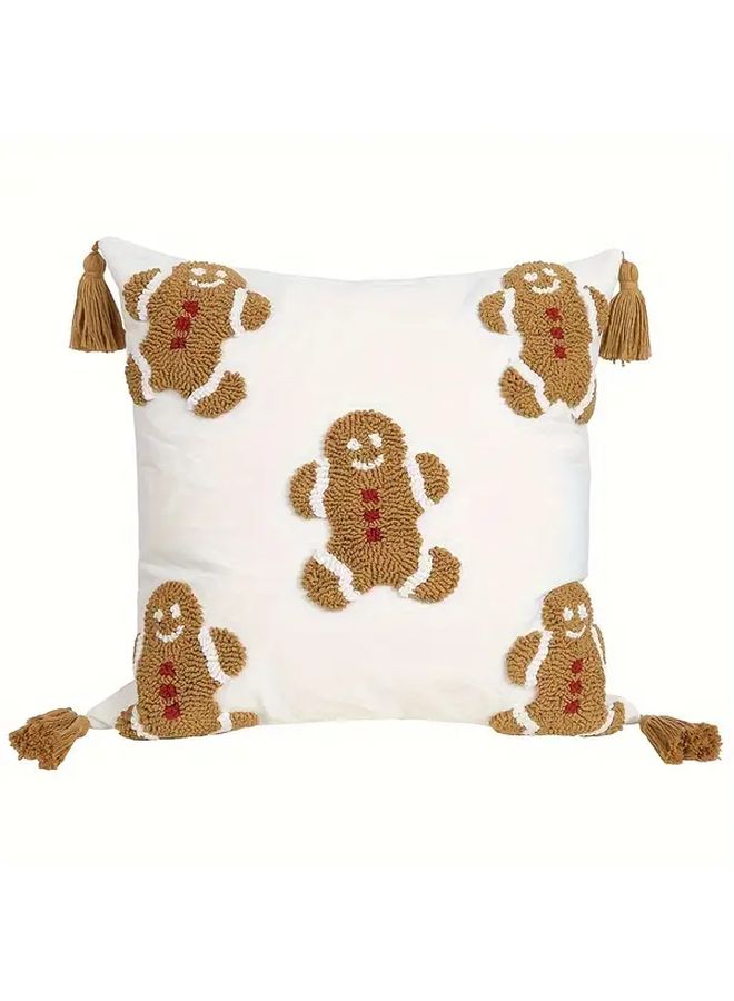 1pc 18 Inch Square Tufted Throw Pillow Cover For Plush Gingerbread Cookie Man Design Sofa Bed Decor Zipper Closure Hand Wash - Image 3