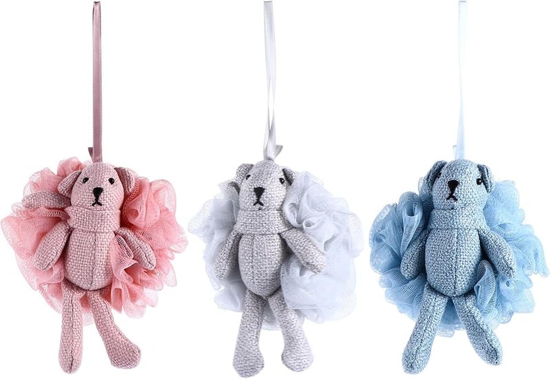 Cartoon Bear Shower Sponges Set 3 Pcs Mesh Bath Foam Scrubbers For Sensitive Skin Sky Blue Pink Gray - Image 1