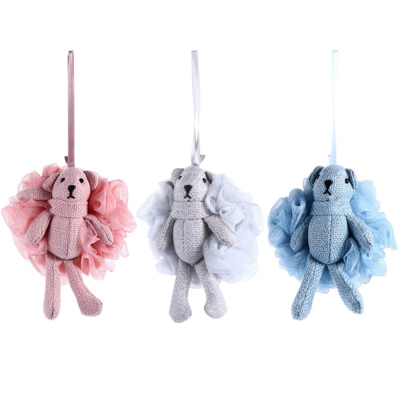 Cartoon Bear Shower Sponges Set 3 Pcs Mesh Bath Foam Scrubbers For Sensitive Skin Sky Blue Pink Gray - Image 2