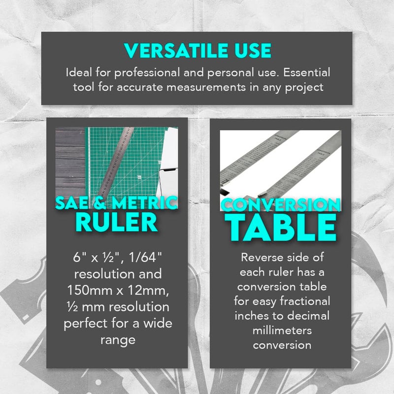 SE Stainless Steel SAE Metric Ruler Set - Stainless Steel Precision Ruler Measuring Tool - Detachable Clips - Set of 2 Pcs - 925PSR-2 - Image 5