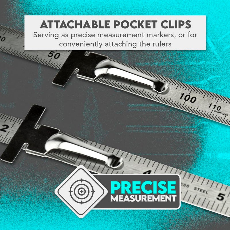 SE Stainless Steel SAE Metric Ruler Set - Stainless Steel Precision Ruler Measuring Tool - Detachable Clips - Set of 2 Pcs - 925PSR-2 - Image 4