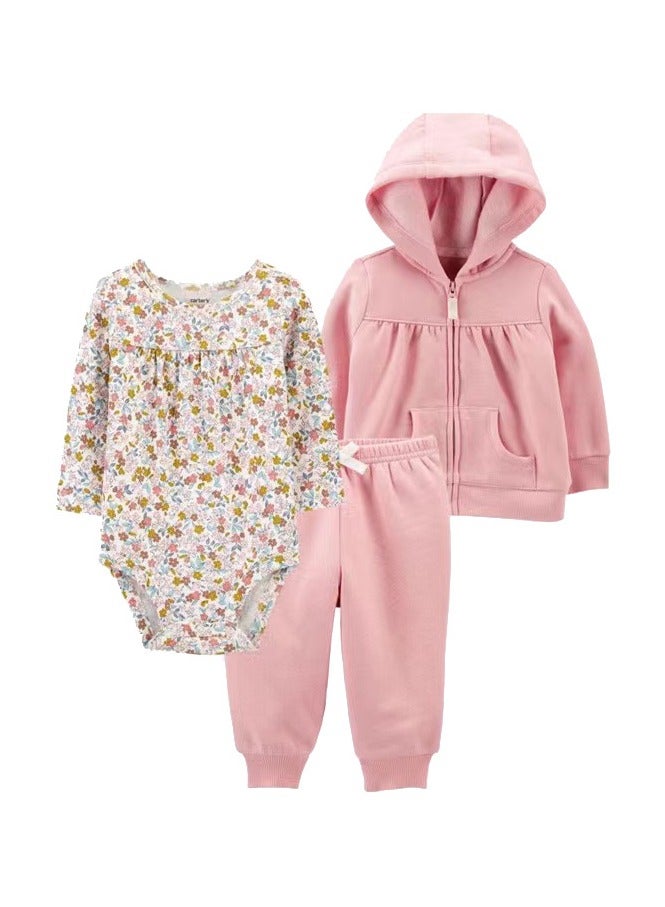 RedMapleTEK Boys And Girls Baby Sweater Jacket Hooded Coat Long-Sleeved Jumpsuit Baby Three-Piece Set  - Image 1