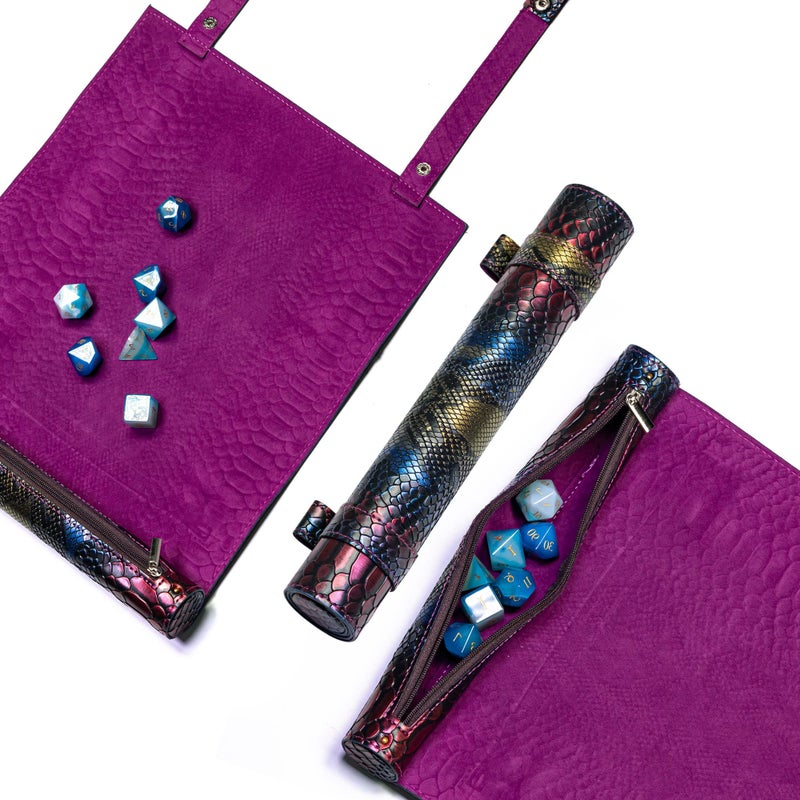 Cusdie 2 in 1 Dice Rolling Mat & Zippered Dice Holder DIce Tray- Compatible with DND Polyhedral Dice Dungeons and Dragon (Colorful Dragon Scale) - Image 1