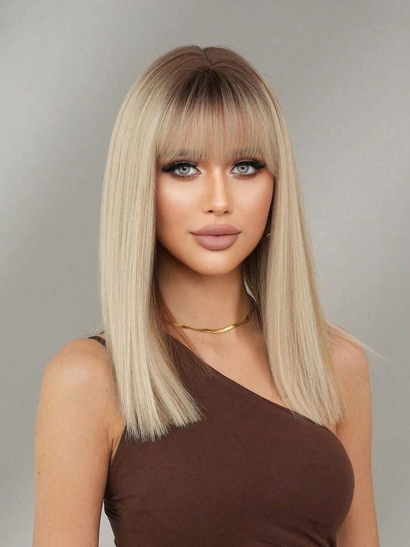 NAMM 18-Inch Medium-Length Linen Blonde Highlight Wig with Dark Roots, High-Density Heat-Resistant Fiber - Natural Fluffy Synthetic Wigs for  Women