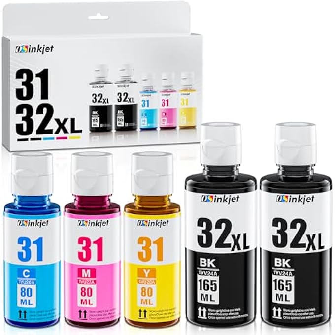31 INK BOTTLE SET, 32XL BLACK INK BOTTLE COMPATIBLE FOR HP SMART TANK 7602 6001 5101 5000 7300 7301 520 580, 31 32 XL INK BOTTLES SET FOR SMART TANK PLUS 651 551 REFILL - Image 1