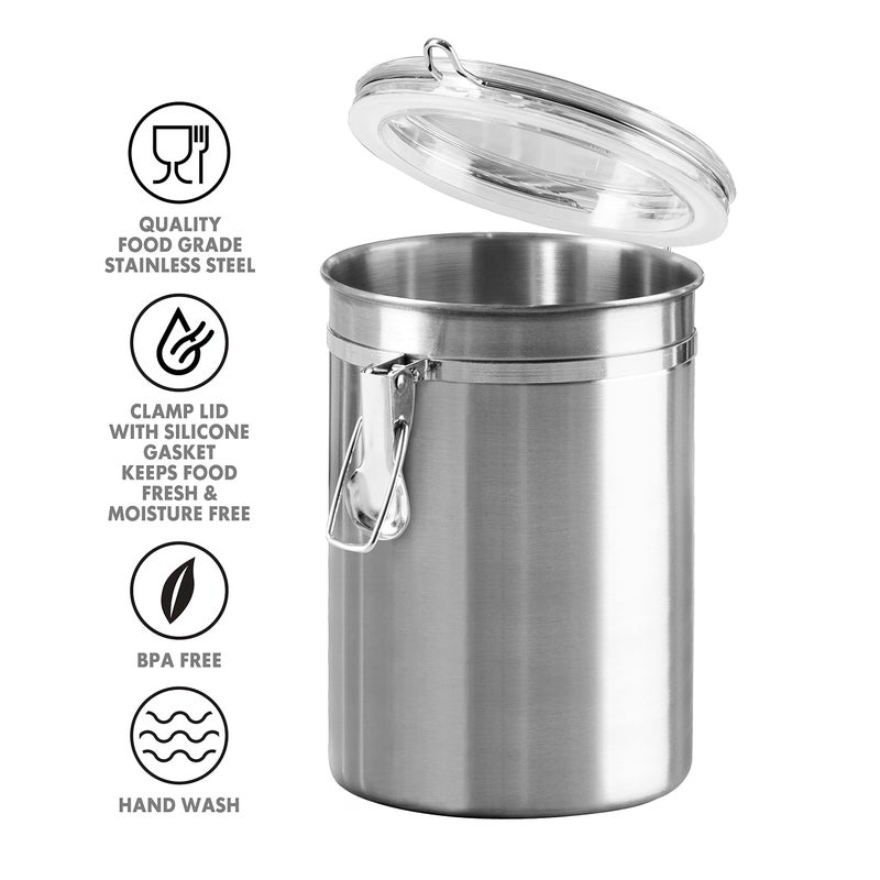 OGGI Stainless Steel Kitchen Canister 52 fl oz - Airtight Clamp Lid, Clear See-Thru Top - Ideal for Kitchen Storage, Food Storage, Pantry Storage. Large Size 5" x 6". - Image 3