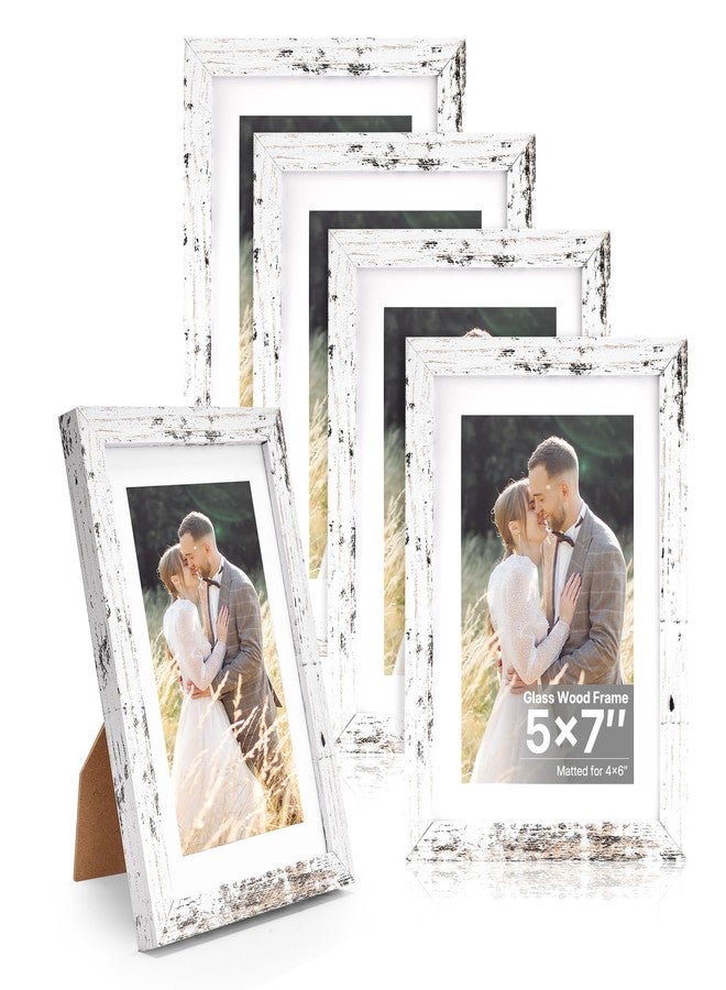 HOUSE DAY Distressed White 5x7 Picture Frame, Picture Frames 5x7 Wooden Picture Frames with Real Glass, Rustic 5 x 7 Photo Frame for Wall or Tabletop, Display Picture 4x6 with Mat or 5x 7 Without Mat (5 Pack) - Image 1