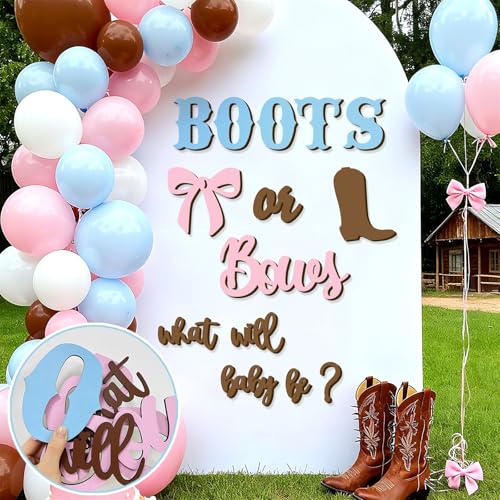 kokolap Wooden Gender Reveal Sign Stickers What Will Baby Be Balloon Arch Signs Boots or Bows Gender Reveals Party Decoration Supplies Baby Shower Backdrop Decals Boy or Girl Sticker He or She Welcome Sign - Image 2