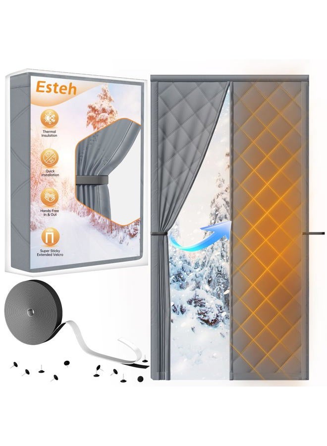 Esteh Magnetic Thermal Insulated Door Curtain for Winter Fits Door Size 38" x 82", Temporary Thermal Door Cover for Cold with Thickened Cotton, Window Insulation Kit for Sliding Glass Doorways - Gray - Image 1