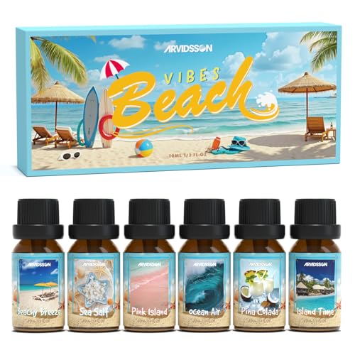 ARVIDSSON Beach Fragrance Oils Set, ARVIDSSON Summer Essential Oils for Diffuser - Beachy Breeze, Ocean Air, Pina Colada, Pink Sand, Sea Salt, Island Time, Tropical Scented Oil - Image 1