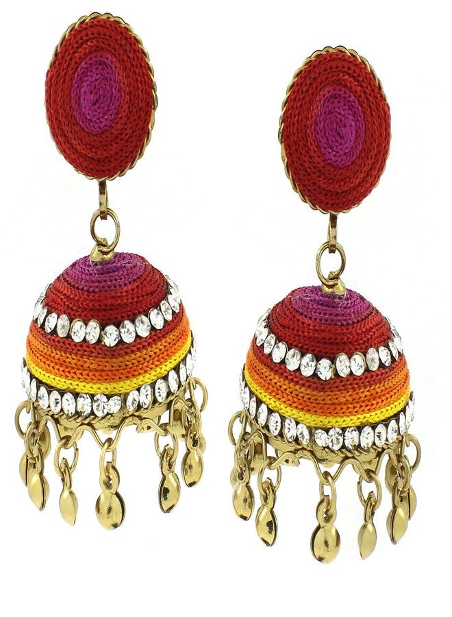 Zivom® Vibrant Thread Red Pink Yellow Orange Antique Gold Plated Jhumki Earring For Women - Image 1