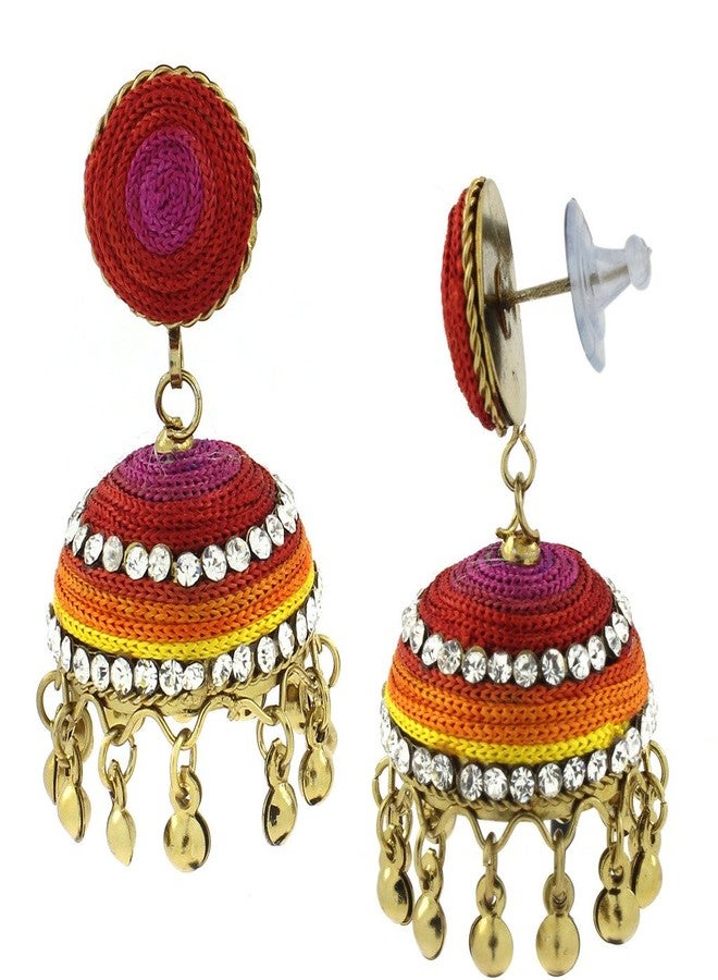 Zivom® Vibrant Thread Red Pink Yellow Orange Antique Gold Plated Jhumki Earring For Women - Image 2