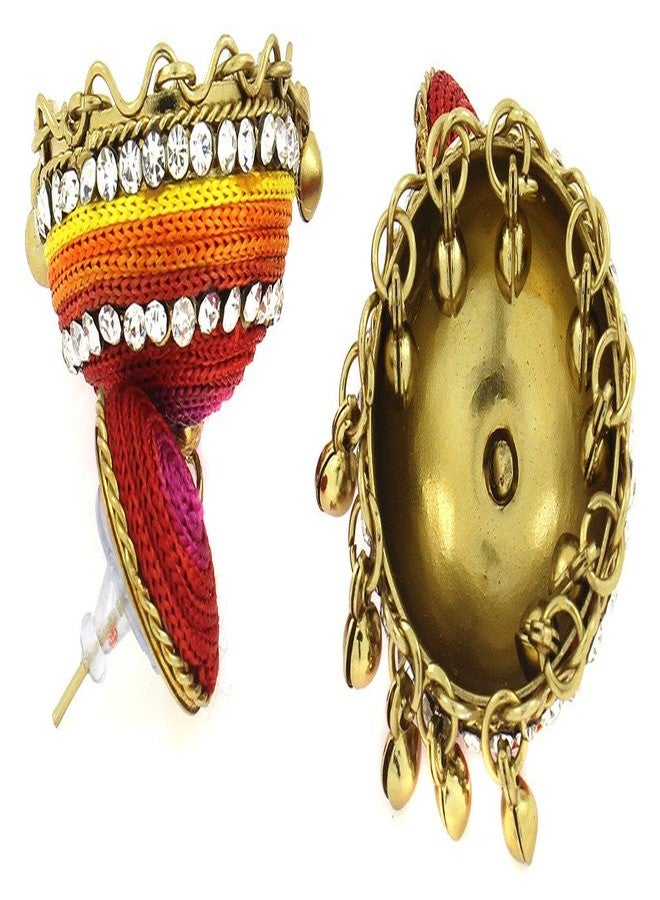 Zivom® Vibrant Thread Red Pink Yellow Orange Antique Gold Plated Jhumki Earring For Women - Image 3