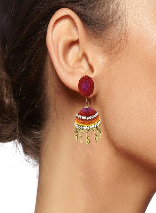 Zivom® Vibrant Thread Red Pink Yellow Orange Antique Gold Plated Jhumki Earring For Women - Image 4