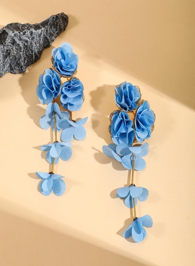 IS4U Fabric Flower Earrings for Women Vintage Layered Tassel Dangle Earrings Boho Colorful Petal Long Earring Fashion Aesthetic Ear Jewelry (Light Blue) - Image 3
