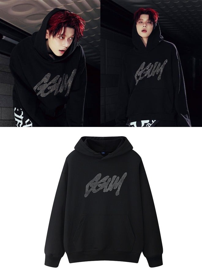 NIBEMINENT KPOP TXT Yeonjun GGUM Long Sleeve Plush Printed Hoodie Black  - Image 1