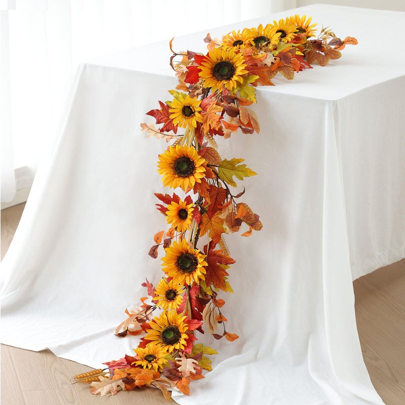 Mizii Artificial Sunflower Garland 6FT Fake Silk Sunflowers Flower Garland Autumn Hanging Vines Decorations for Kitchen Table Centerpieces Room Wall Party Wedding Birthday Fall Decor Orange - Image 2