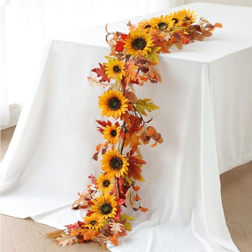 Mizii Artificial Sunflower Garland 6FT Fake Silk Sunflowers Flower Garland Autumn Hanging Vines Decorations for Kitchen Table Centerpieces Room Wall Party Wedding Birthday Fall Decor Orange - Image 1