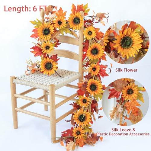 Mizii Artificial Sunflower Garland 6FT Fake Silk Sunflowers Flower Garland Autumn Hanging Vines Decorations for Kitchen Table Centerpieces Room Wall Party Wedding Birthday Fall Decor Orange - Image 3