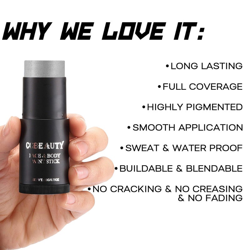 CCbeauty Metallic Silver Face Paint Stick,Glitter Face Painting Kit,Professional Body Paint,Non Toxic SFX Makeup Kit For Halloween Costume Cosplay,Full Coverage Painting Foundation With Makeup Sponge - Image 3