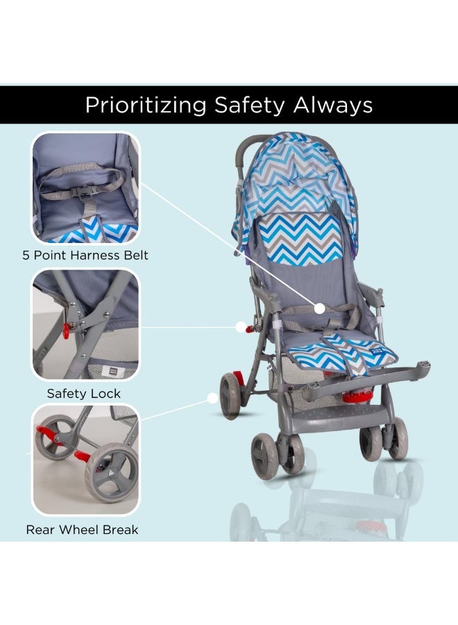 Mee Mee Baby Stroller and Pram for 0 to 3 Years | Extended Canopy with Detachable Feeding Tray | 5 Point Harness Belt | 360° Rotating Wheels with Shock Absorbent | Storage Basket for Baby/Kids (Blue) - Image 4