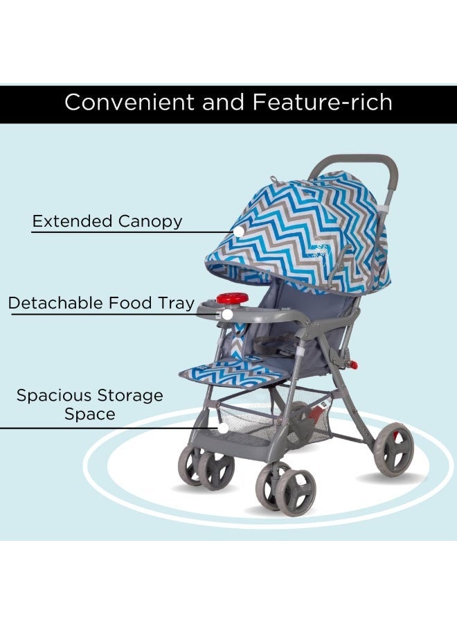 Mee Mee Baby Stroller and Pram for 0 to 3 Years | Extended Canopy with Detachable Feeding Tray | 5 Point Harness Belt | 360° Rotating Wheels with Shock Absorbent | Storage Basket for Baby/Kids (Blue) - Image 3