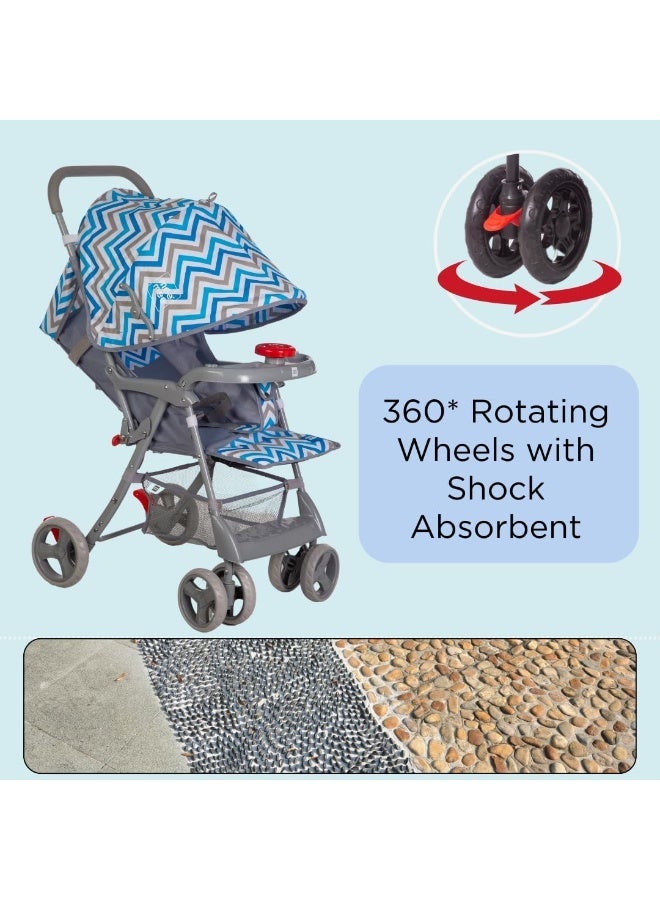 Mee Mee Baby Stroller and Pram for 0 to 3 Years | Extended Canopy with Detachable Feeding Tray | 5 Point Harness Belt | 360° Rotating Wheels with Shock Absorbent | Storage Basket for Baby/Kids (Blue) - Image 2