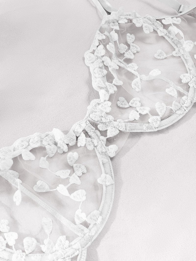 Lilosy Sexy Cute Underwire Push Up Strappy Heart Embroidered Mesh Sheer Lingerie Set for Women Bachelorette See Through Bra and Panty 2 Piece Bow White Small - Image 4