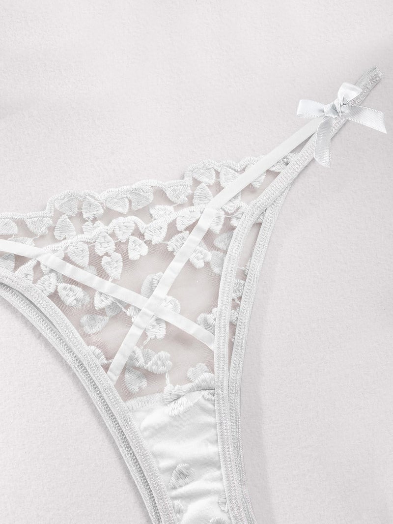 Lilosy Sexy Cute Underwire Push Up Strappy Heart Embroidered Mesh Sheer Lingerie Set for Women Bachelorette See Through Bra and Panty 2 Piece Bow White Small - Image 5