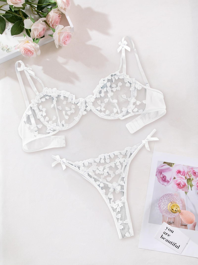 Lilosy Sexy Cute Underwire Push Up Strappy Heart Embroidered Mesh Sheer Lingerie Set for Women Bachelorette See Through Bra and Panty 2 Piece Bow White Small - Image 3