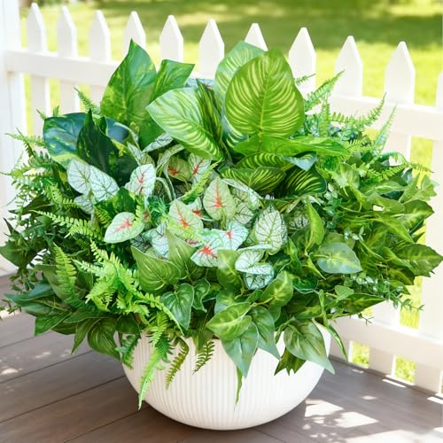 Faylifeway 12 Bundles Artificial Plants OutdoorUV Resistant Fake Greenery Stems with Large Shrubs Faux Plastic Plant for Outside Front Porch Planters Garden Window Box Patio DecorPot Not Included - Image 1