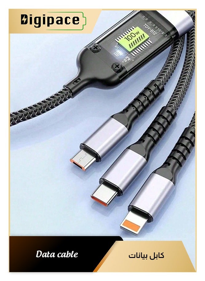الفضاء الرقمي - كيبل شحن سريع 100W 3 في 1 USB إلى Type-C Micro متوافق مع آيفون 13 و 14 وسامسونج وشاومي. كيبل شحن سريع 100 واط 3 في 1 متوافق مع آبل وسامسونج وأوبو وكيبل شحن سيارة سريع. كيبل شحن سريع 3 في 1 للأجهزة ذات الميكرو يو اس بي والتايب سي. 100 واط كيبل شحن سريع 3 في 1 USB تايب سي مايكرو شاحن Type-C - Image 1