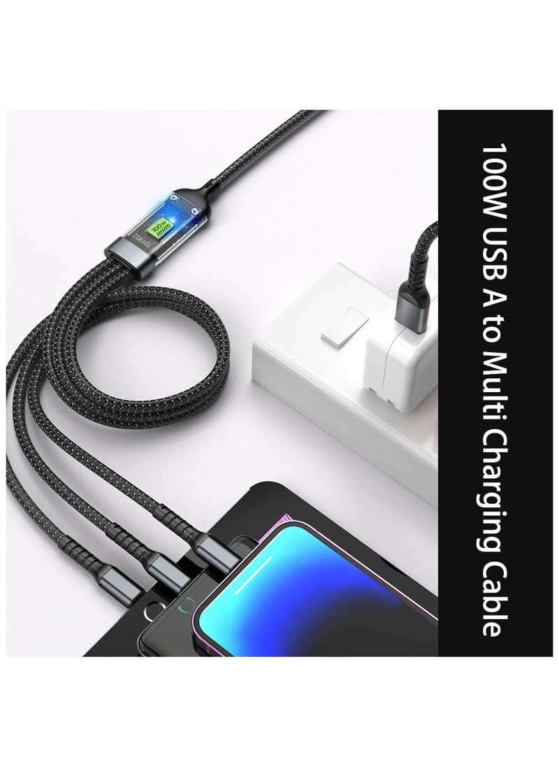الفضاء الرقمي - كيبل شحن سريع 100W 3 في 1 USB إلى Type-C Micro متوافق مع آيفون 13 و 14 وسامسونج وشاومي. كيبل شحن سريع 100 واط 3 في 1 متوافق مع آبل وسامسونج وأوبو وكيبل شحن سيارة سريع. كيبل شحن سريع 3 في 1 للأجهزة ذات الميكرو يو اس بي والتايب سي. 100 واط كيبل شحن سريع 3 في 1 USB تايب سي مايكرو شاحن Type-C - Image 1