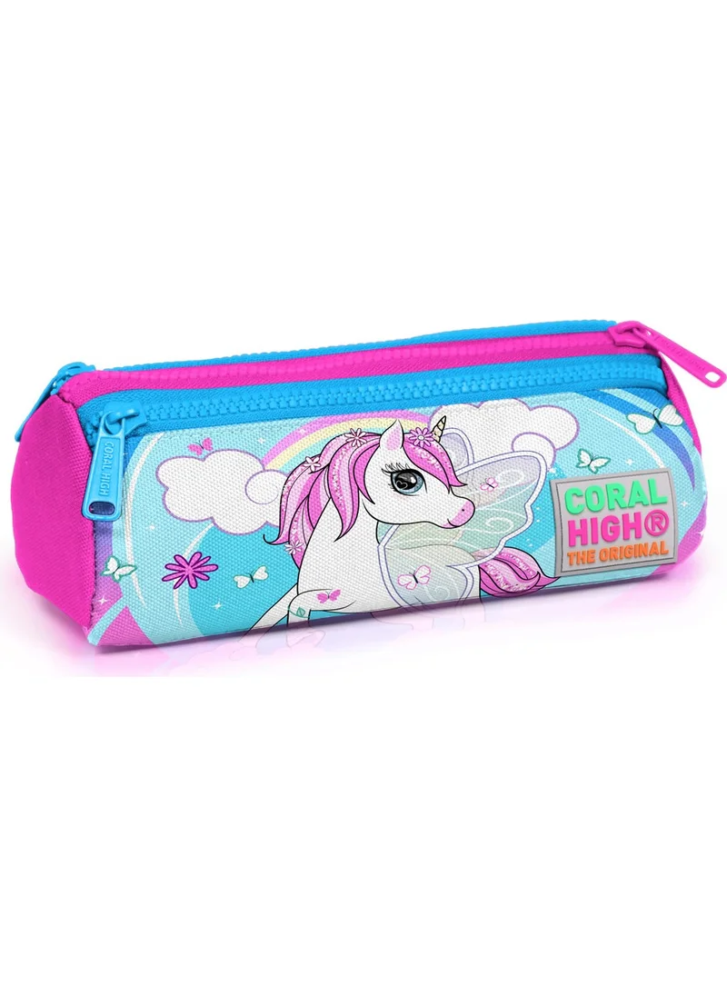 CORAL HIGH Kids Blue Neon Pink Unicorn Patterned Three Compartment Pencil Bag