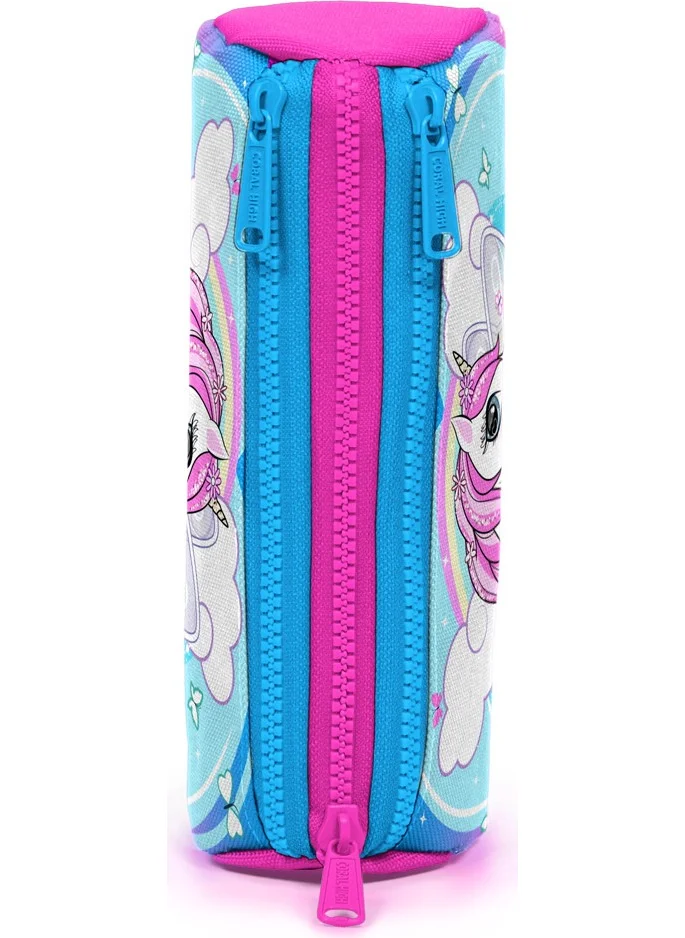 CORAL HIGH Kids Blue Neon Pink Unicorn Patterned Three Compartment Pencil Bag