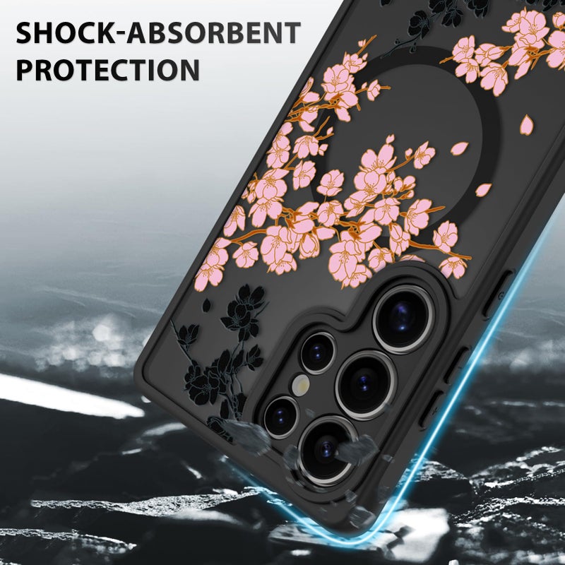 OOK Case Fit for Samsung Galaxy S25 Ultra 6.9 Inch (Wireless Charging Compatible) Pink Floral Flowers Design Translucent Phone Cover Soft TPU + Hard PC Anti-Scratch Shockproof Magnetic Case for Women - Image 4
