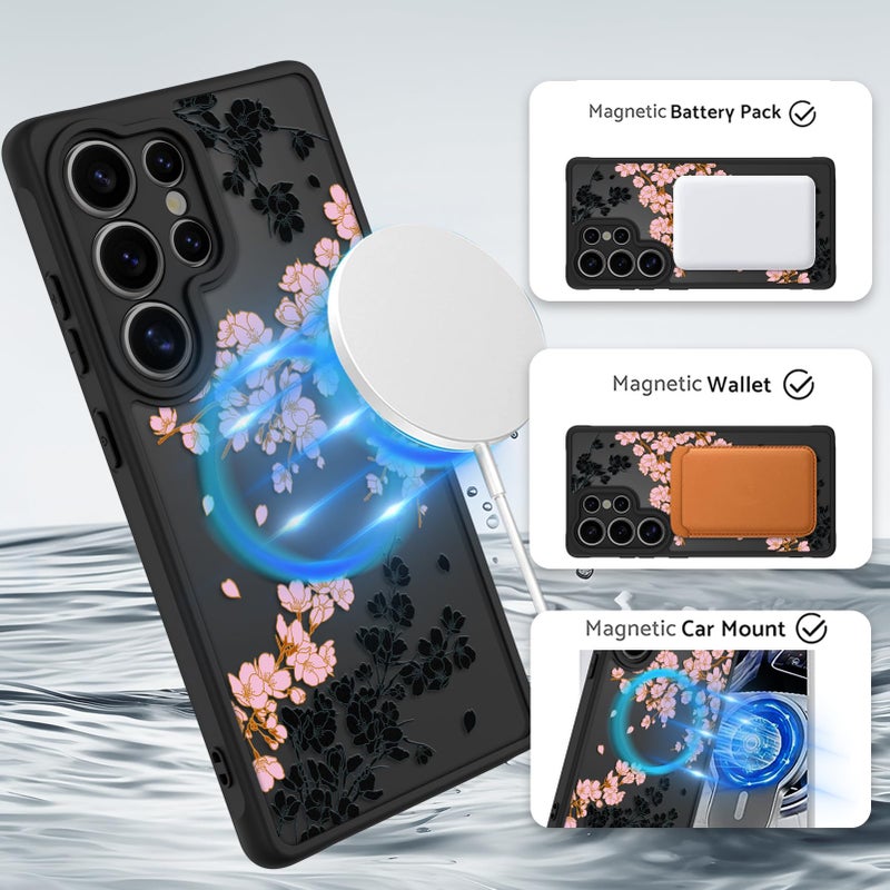 OOK Case Fit for Samsung Galaxy S25 Ultra 6.9 Inch (Wireless Charging Compatible) Pink Floral Flowers Design Translucent Phone Cover Soft TPU + Hard PC Anti-Scratch Shockproof Magnetic Case for Women - Image 2
