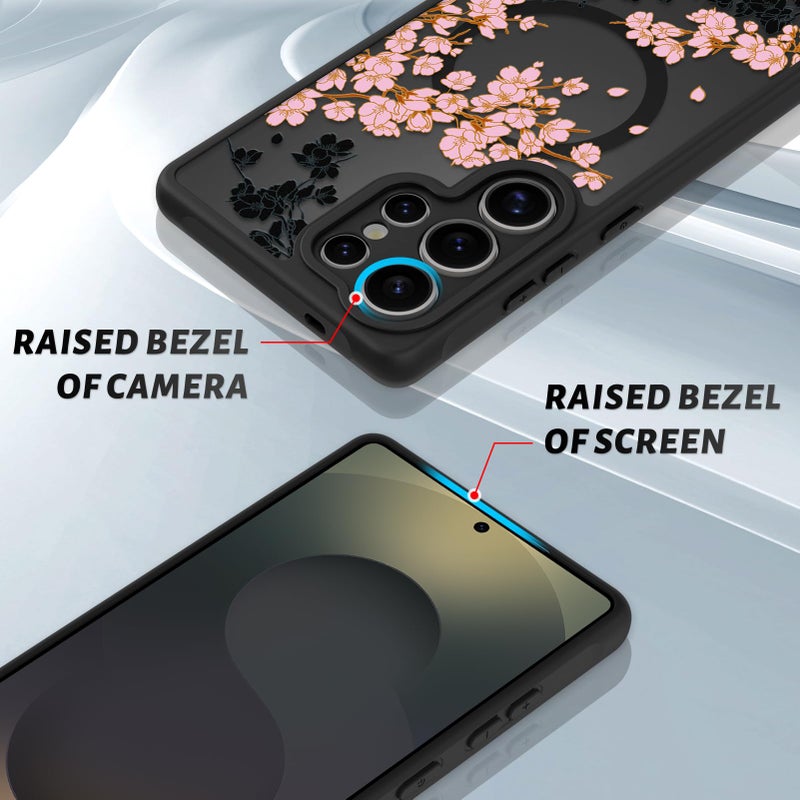 OOK Case Fit for Samsung Galaxy S25 Ultra 6.9 Inch (Wireless Charging Compatible) Pink Floral Flowers Design Translucent Phone Cover Soft TPU + Hard PC Anti-Scratch Shockproof Magnetic Case for Women - Image 3