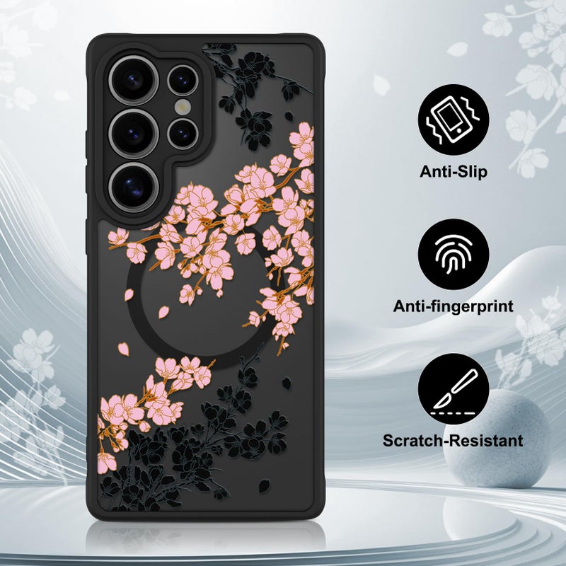 OOK Case Fit for Samsung Galaxy S25 Ultra 6.9 Inch (Wireless Charging Compatible) Pink Floral Flowers Design Translucent Phone Cover Soft TPU + Hard PC Anti-Scratch Shockproof Magnetic Case for Women - Image 5