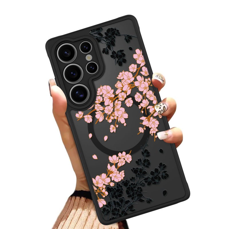 OOK Case Fit for Samsung Galaxy S25 Ultra 6.9 Inch (Wireless Charging Compatible) Pink Floral Flowers Design Translucent Phone Cover Soft TPU + Hard PC Anti-Scratch Shockproof Magnetic Case for Women - Image 1