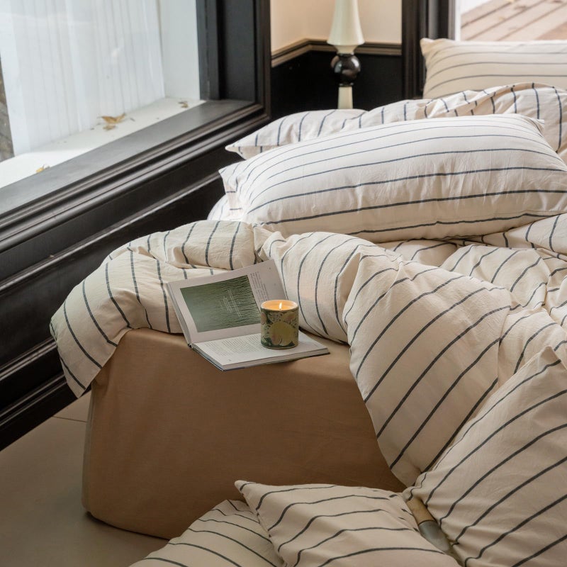 Lifetb Boho Striped Duvet Cover Sets King Beige Cream Duvet Cover With Grey Stripes Pattern Comforter Cover Breathable Farmhouse Bedding 100% Washed Cotton Striped Bedding Comforter Cover King Size - Image 4