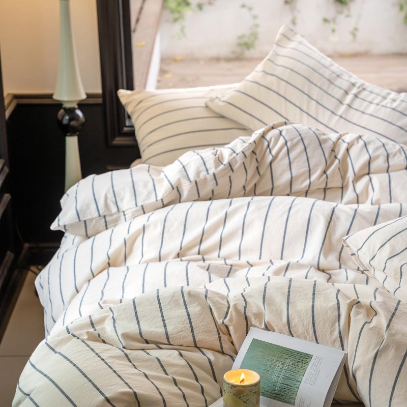 Lifetb Boho Striped Duvet Cover Sets King Beige Cream Duvet Cover With Grey Stripes Pattern Comforter Cover Breathable Farmhouse Bedding 100% Washed Cotton Striped Bedding Comforter Cover King Size - Image 1
