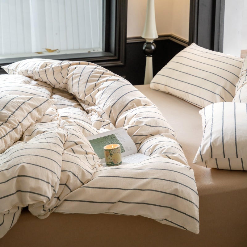 Lifetb Boho Striped Duvet Cover Sets King Beige Cream Duvet Cover With Grey Stripes Pattern Comforter Cover Breathable Farmhouse Bedding 100% Washed Cotton Striped Bedding Comforter Cover King Size - Image 3
